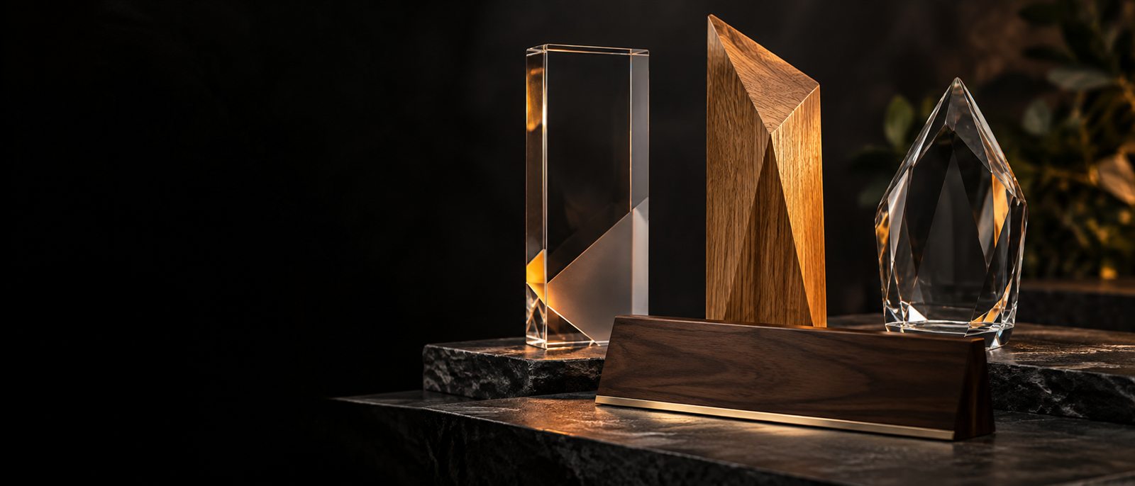 Reconocimientos de acrílico, madera y vidrio junto a un portanombre